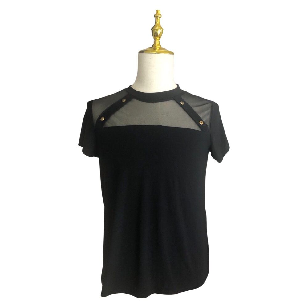 Blouse Black Large Short Sleeve Sheer Top Buttons Flaw